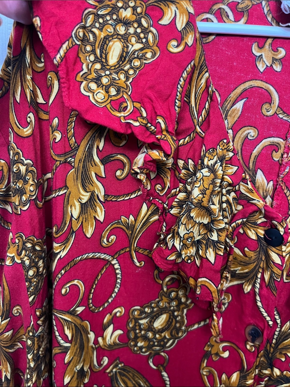 Red Floral Scroll Ruffle Button-Down Blouse - Picture 5 of 9